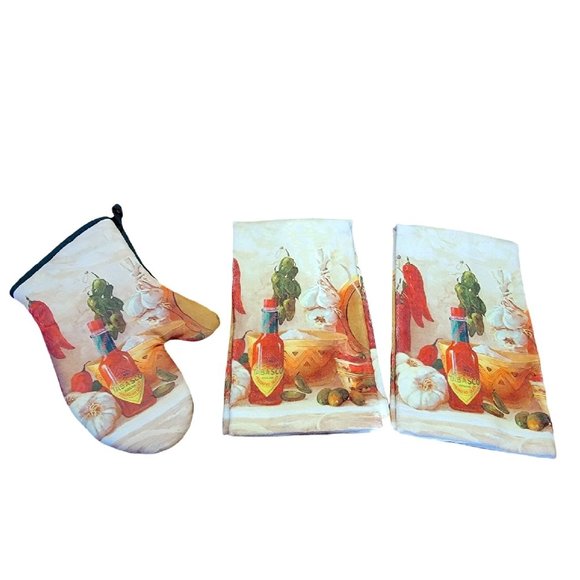 NWOT Artists Gallery Tabasco Sauce Kitchen Towels & Oven Mitt - Picture 2 of 6